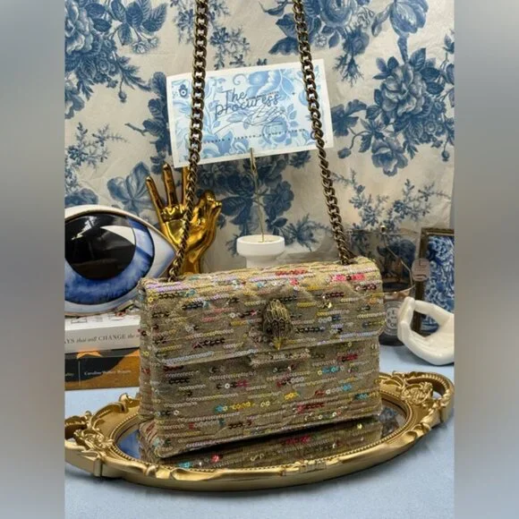🆕 KURT GEIGER LONDON 🧿 NWOT Lurex Medium Kensington, Gold Rainbow Sequins - Picture 3 of 13